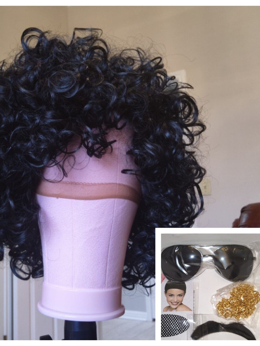 Cute Short Black Curly Costume Synthetic Wig Sunglasses Mustache Chain 80s 90s